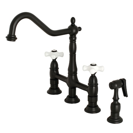 Kingston Brass KS1270PXBS Heritage Bridge Kitchen Faucet W/ Brass Sprayer, Matte Black KS1270PXBS